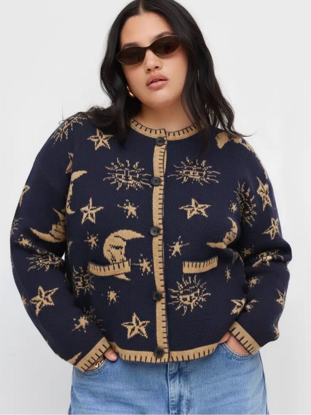 Cider Navy & Tan Celestial Jacquard Cardigan